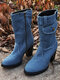 Women Retro Denim Cloth Side Zip Bag Decor Chunky Heel Mid Calf Boots - Blue