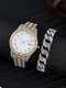 2 Pcs/Set Alloy Diamond Men Business Watch Decorated Pointer Quartz Watch Bracelet - #04