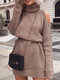 Cold Shoulder Solid Color Long Sleeve Turtleneck Casual Sweater Dress For Women - Khaki