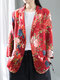 Flower Print Pockets Vintage 3/4 Sleeve Cotton Jacket - Red
