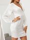 Women Solid Color Patchwork Button Lantern Sleeves Casual Dress - White
