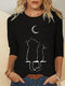 Cat Print O-neck Casual Long Sleeve T-Shirt For Women - Black