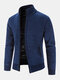 Mens Plain Chenille Knit Stand Collar Zipper Warm Cardigans With Pocket - Navy