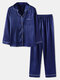 Plus Size Women Faux Silk Lapel Chest Pocket Long Pajamas Sets With Contrast Binding - Blue