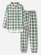 Women Plus Size Check Print Cotton High Low Hem Elastic Cuff Casual Loose Homewear Pajamas Set - Green