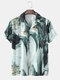 Mens Chinese Landscape Painting Print Revere Collar Short Sleeve Shirts - Green