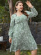Plus Size Button Design Tie-up Design Floral Print Dress - Green