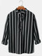Mens 100% Cotton Striped Basic Daily Long Sleeve Henley Shirts - Black