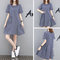 Loose Large Size Thin Cotton Linen Dress Temperament Striped A Word Doll Skirt - Navy