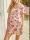 Women Multi Cartoon Cat Pattern Short Sleeve Drawstring Shorts Cotton Pajamas - Pink