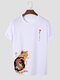 Mens Japanese Cat & Fish Print Crew Neck Short Sleeve T-Shirts - White