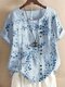 Breasted Leaves Print O-neck Short Sleeve Women Loose T-shirt - Blue