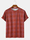 Mens Ethnic Style Print Loose Casual Light O-Neck T-Shirts - Red
