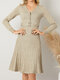 Solid Button Comfy Pleated V-neck Casual Sweater Knit Dress - Khaki