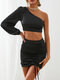 Solid Color Off Shoulder Top Drawstring Short Skirt Bodycon Suit - Black