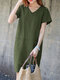 Solid Pocket Slit Hem V-neck Short Sleeve Vintage Dress - Green