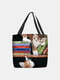 Women Cat Book Pattern Print Shoulder Bag Handbag Tote - Black
