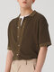 Mens Ribbed Knit Lapel Collar Button Shirt - Coffee