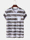Mens Cotton Striped Print Chest Pocket Loose Light V-Neck T-Shirts - Black