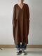 Casual Solid Color V-neck Pockets Long Sleeve Cotton Dress - Coffee