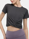 Solid Color Short Sleeve O-neck Pleated Sport Crop Top - Grey