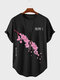 Herren-T-Shirts mit japanischem Kirschblüten-Aufdruck und abgerundetem Saum, kurzärmelig, für den Winter - Schwarz