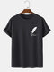 Mens Feather Print Crew Neck 100% Cotton Casual Short Sleeve T-Shirts - Black