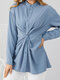 Twisted Design Solid Stand Collar Long Sleeve Shirt For Women - Blue