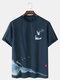 Mens Crane Landscape Print Chinese Style Short Sleeve Cotton Linen T-Shirts - Navy