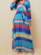 Vintage Striped Elastic Sleeve V-neck Maxi Dress With Belt - Blue