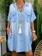 Denim Solid Color Loose Short Sleeve Pockets Casual Dress For Women - Light Blue