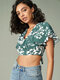 Tropical Flower Print Bow Backless Tie Butterfly Sleeve Crop Top - Green