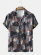 Mens Cat & Mushroom Print Revere Collar Street Short Sleeve Shirts - Dark Gray