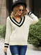 Contrast Color Long Sleeve V-neck Casual Women Sweater - White