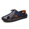 Men Closed Toe Hand Stitching Outdoor Hole Leather Sandals - Blue