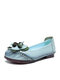 Socofy Genuine Leather Handmade Breathable Soft Comfy Casual Floral Decor Hand Stitching Flat Shoes - Sky Blue