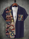قمصان رجالي عرقية Colorful ذات طباعة هندسية مرقعة وأكمام قصيرة - أزرق غامق