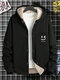Mens Smile Face Embroidered Snap Button Plush Lined Hooded Jacket - Black
