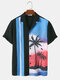 Camicie da uomo in cotone per le vacanze con collo a rever e stampa paesaggio tropicale - Nero