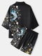 Mens Carp & Floral Print Kimono Japanese Style Two Pieces Outfits - Black