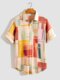 Mens Colorful Line Geometric Print Button Up Short Sleeve Shirts - Orange Red