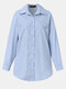 Women Solid Color Lapel Long Sleeve Button Loose Casual Blouse - Blue