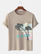 Mens Coconut Tree Striped Print Cotton Short Sleeve T-Shirts - Khaki