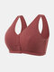 Plus Size Women Solid Color Ribbed Cotton Breathable Wireless Button Front T-Shirt Bra - Red