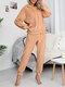 Women Solid Reversible Fleece Drawstring Hooded Two-Piece Warm Home Thick Pajamas Set - Camel