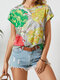 Vintage Print Short Sleeve O-neck Casual T-Shirt For Women - Yellow