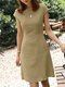Invisible Zip Solid Short Sleeve Crew Neck Casual Dress - Khaki