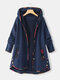Floral Print Patchwork Long Sleeve Jacquard Hooded Plus Size Coat - Navy