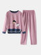 Женщины мультфильм собаки кошки принт пижамы с длинным рукавом с круглым вырезом Loungewear - Светло-фиолетовый