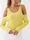 Solid Color Off Shoulder Long Sleeve Casual T-Shirt For Women - Yellow